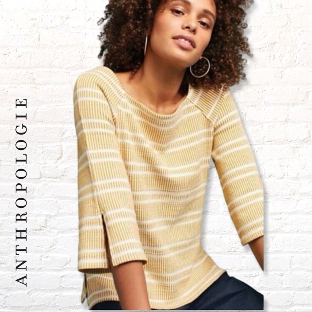 Anthropologie Postage Stamp Mustard Yellow and Cream Striped Sweater